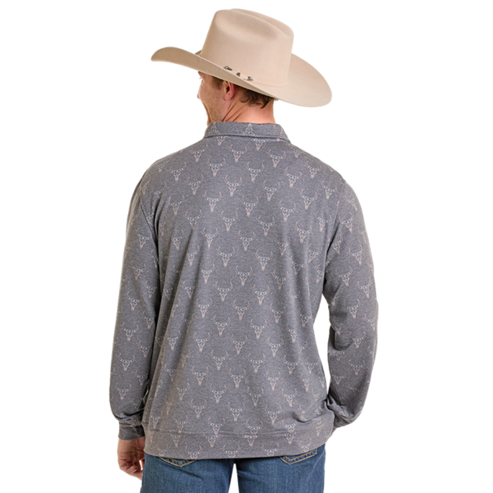 Rock & Roll Men's 1/4 Zip Longhorn Printed Grey Pullover BM91T07313