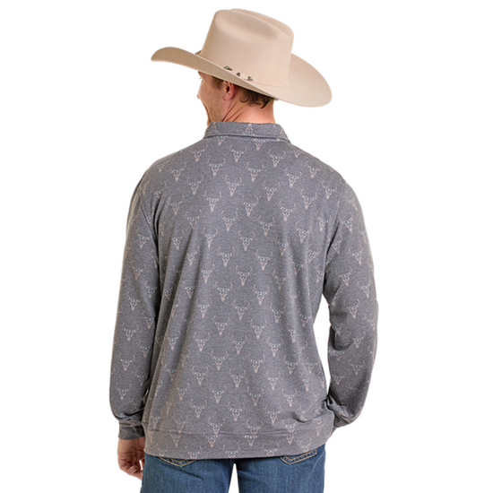 Rock & Roll Men's 1/4 Zip Longhorn Printed Grey Pullover BM91T07313