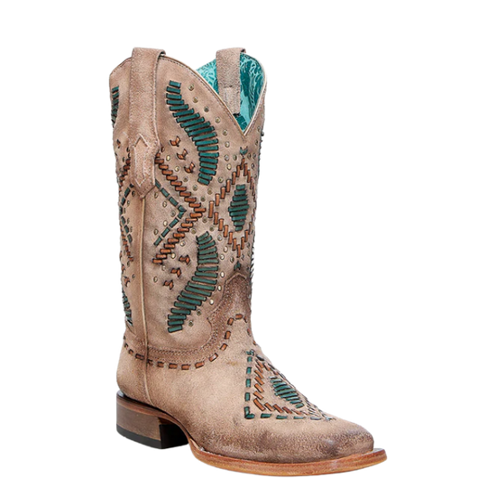 Corral Ladies Woven Embroidery & Studs Sand Cowboy Boots A4840