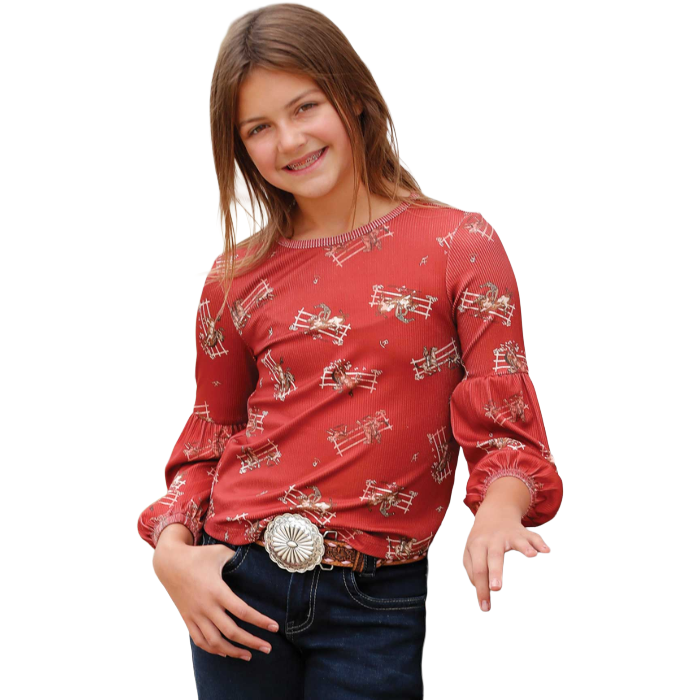 Cinch Youth Girl's Rodeo Print Red Blouse CTK8840003