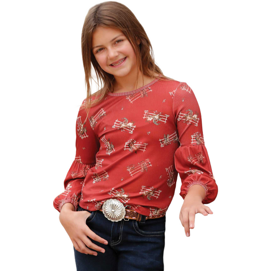 Cinch Youth Girl's Rodeo Print Red Blouse CTK8840003