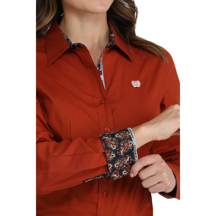Cinch Ladies Solid Rust Red Button Down Western Shirt MSW9165073