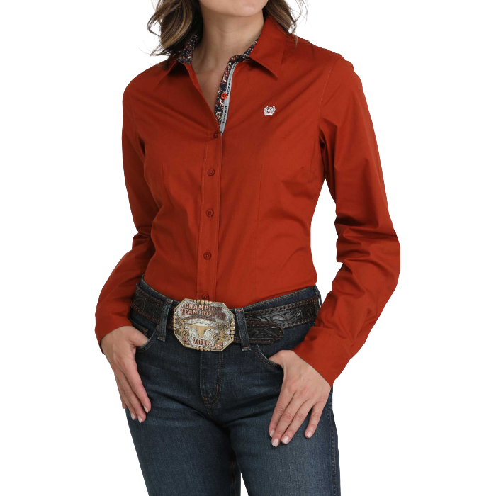 Cinch Ladies Solid Rust Red Button Down Western Shirt MSW9165073