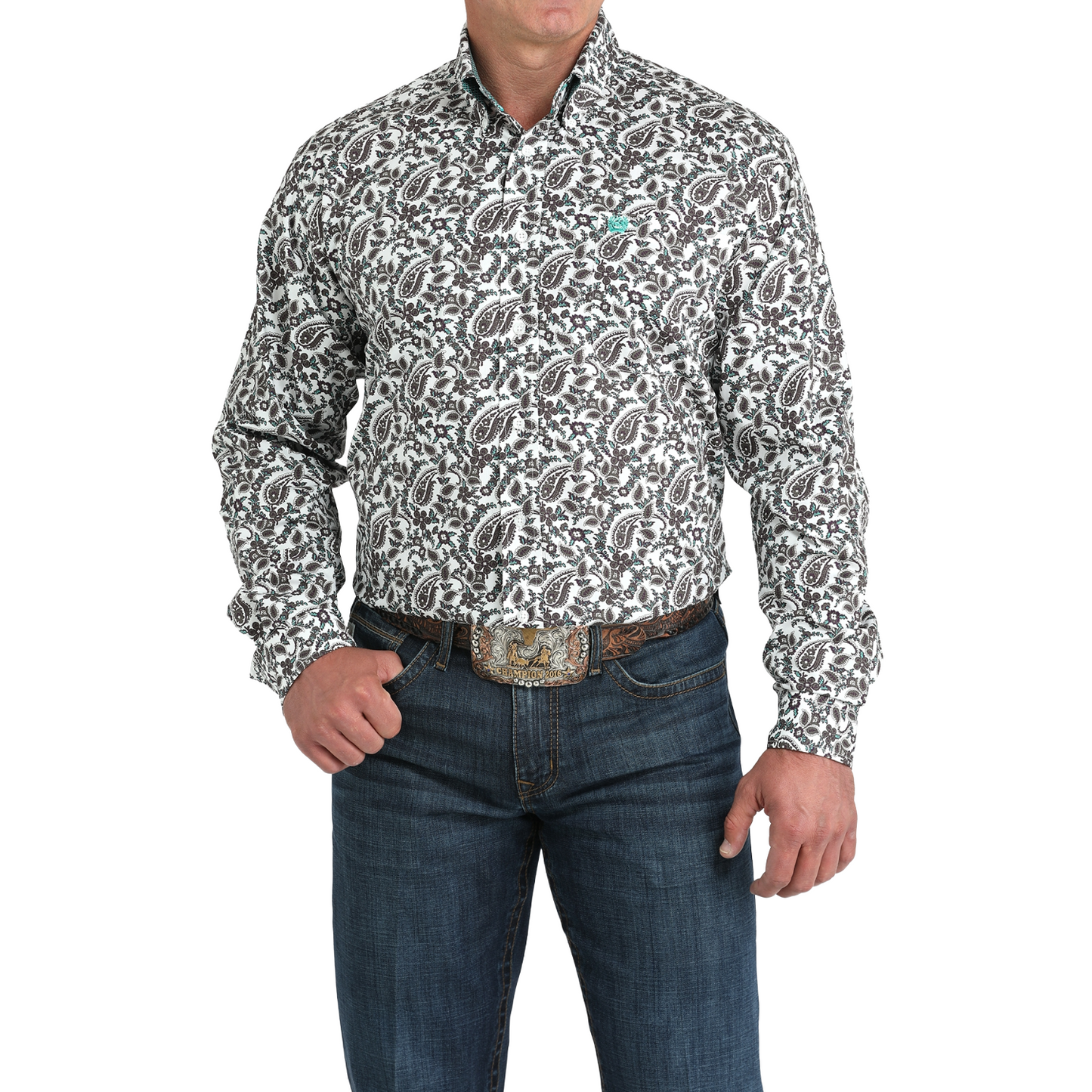 Cinch Men's White Paisley Print Button Down Shirt MTW1105969