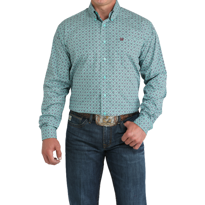 Cinch Men's Turquoise Tile Print Button Down Shirt MTW1105971