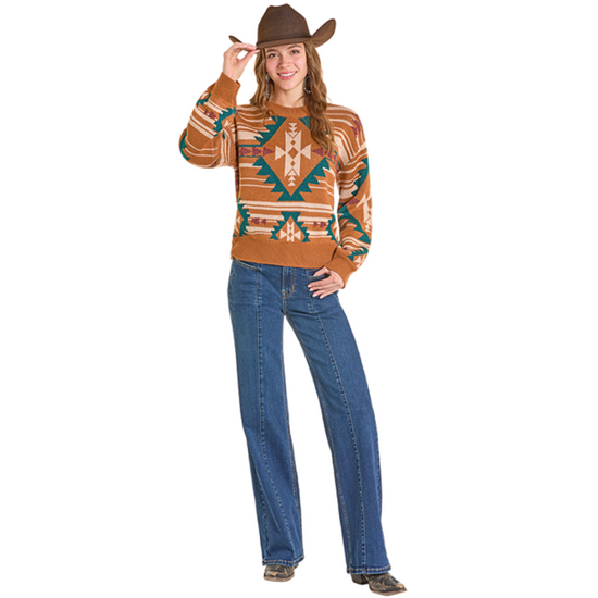 Rock & Roll Ladies Aztec Camel Brown Knit Sweater BW32T06963-25