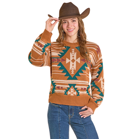 Rock & Roll Ladies Aztec Camel Brown Knit Sweater BW32T06963-25