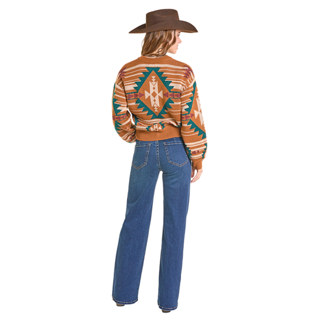 Rock & Roll Ladies Aztec Camel Brown Knit Sweater BW32T06963-25