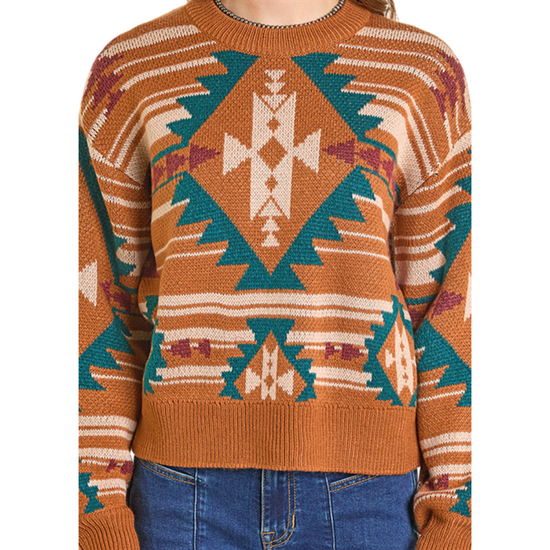 Rock & Roll Ladies Aztec Camel Brown Knit Sweater BW32T06963-25