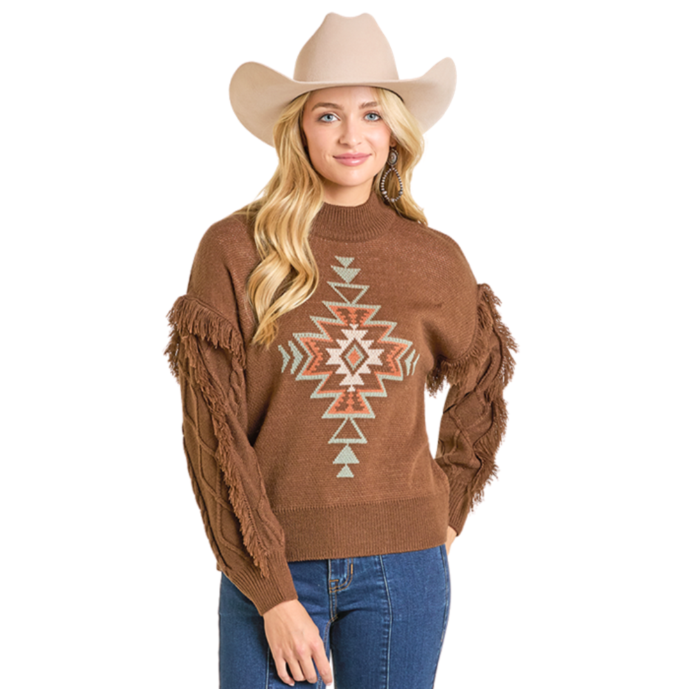 Rock & Roll Ladies Brown Aztec Fringe Motif Sweater BW32T06961