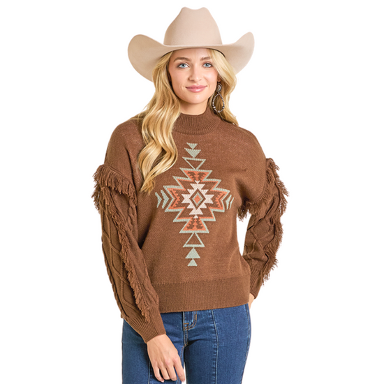Rock & Roll Ladies Brown Aztec Fringe Motif Sweater BW32T06961