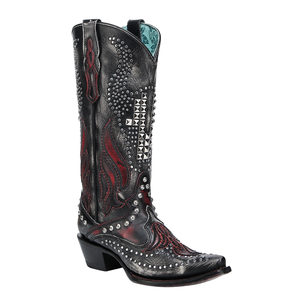 Corral Ladies Bone Overlay & Studs Black Snip Toe Cowboy Boots A4833