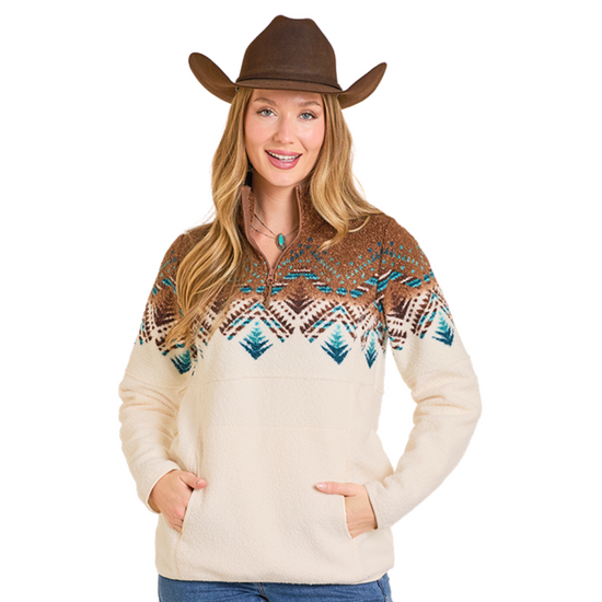 Panhandle Ladies Chocolate Aztec Border Berber Pullover DW91C06866