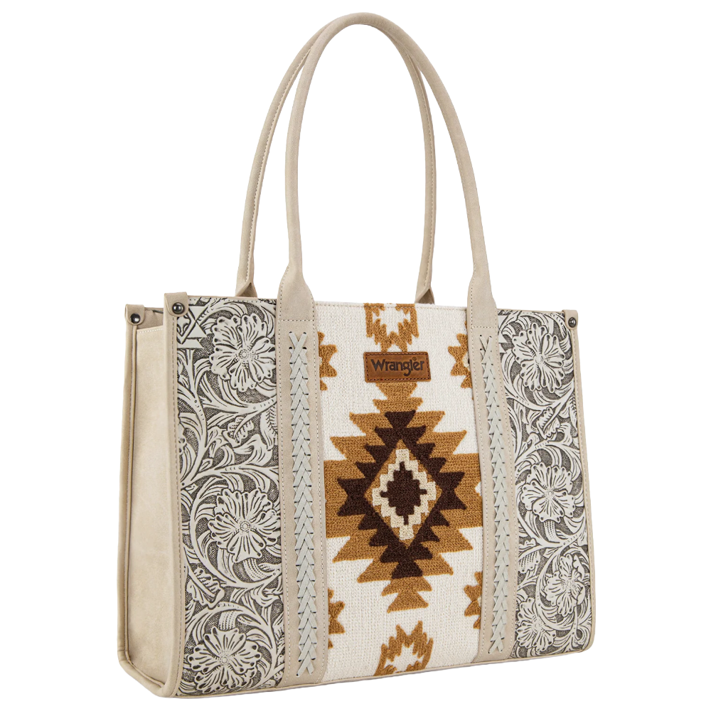Wrangler Ladies Tooled Aztec Pattern Concealed Carry Beige Large Tote WG226G-8119BG