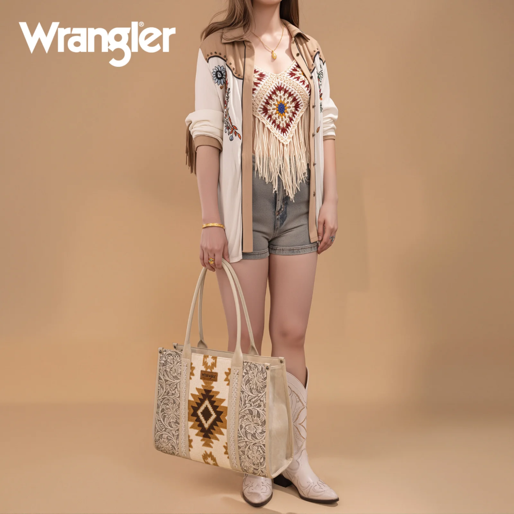 Wrangler Ladies Tooled Aztec Pattern Concealed Carry Beige Large Tote WG226G-8119BG