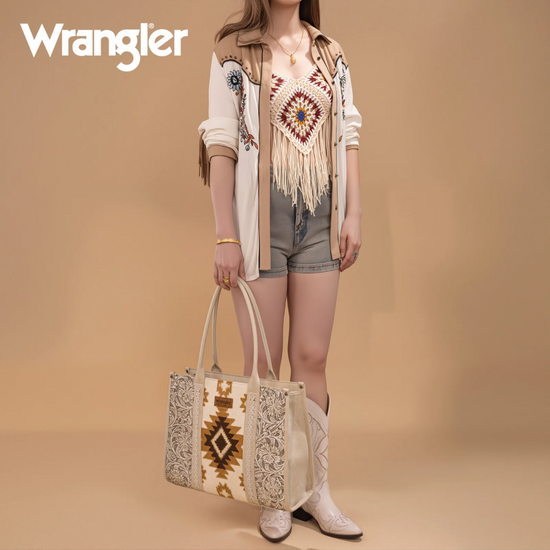 Wrangler Ladies Tooled Aztec Pattern Concealed Carry Beige Large Tote WG226G-8119BG