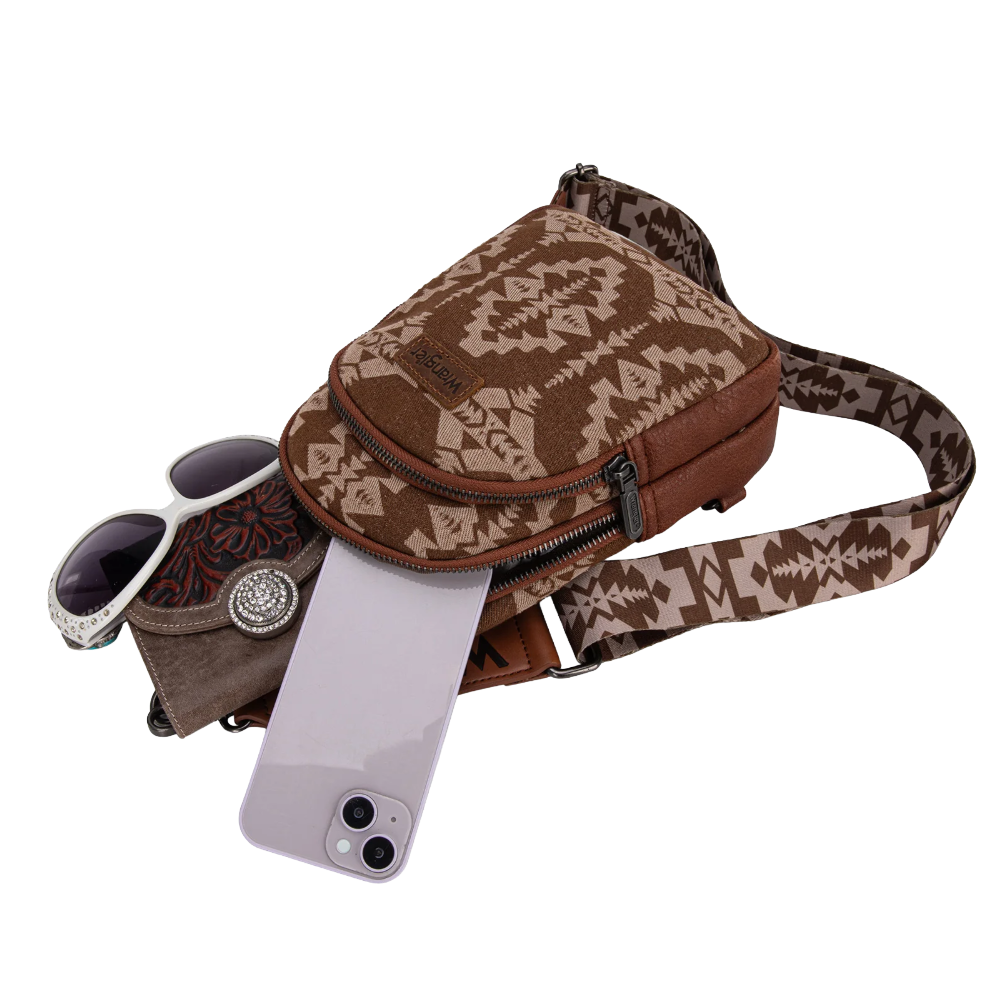 Wrangler Ladies Southwestern Print Small Canvas Brown Crossbody Bag WG2212-226BR
