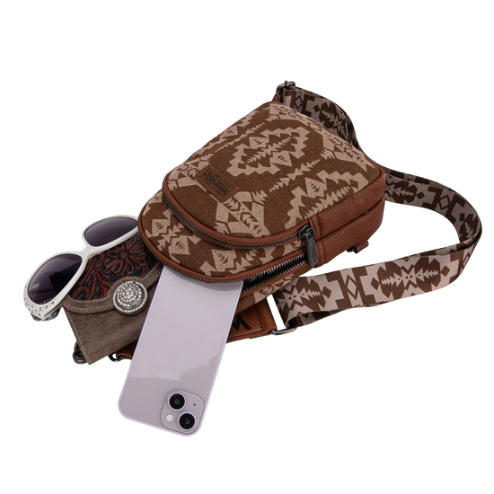 Wrangler Ladies Southwestern Print Small Canvas Brown Crossbody Bag WG2212-226BR