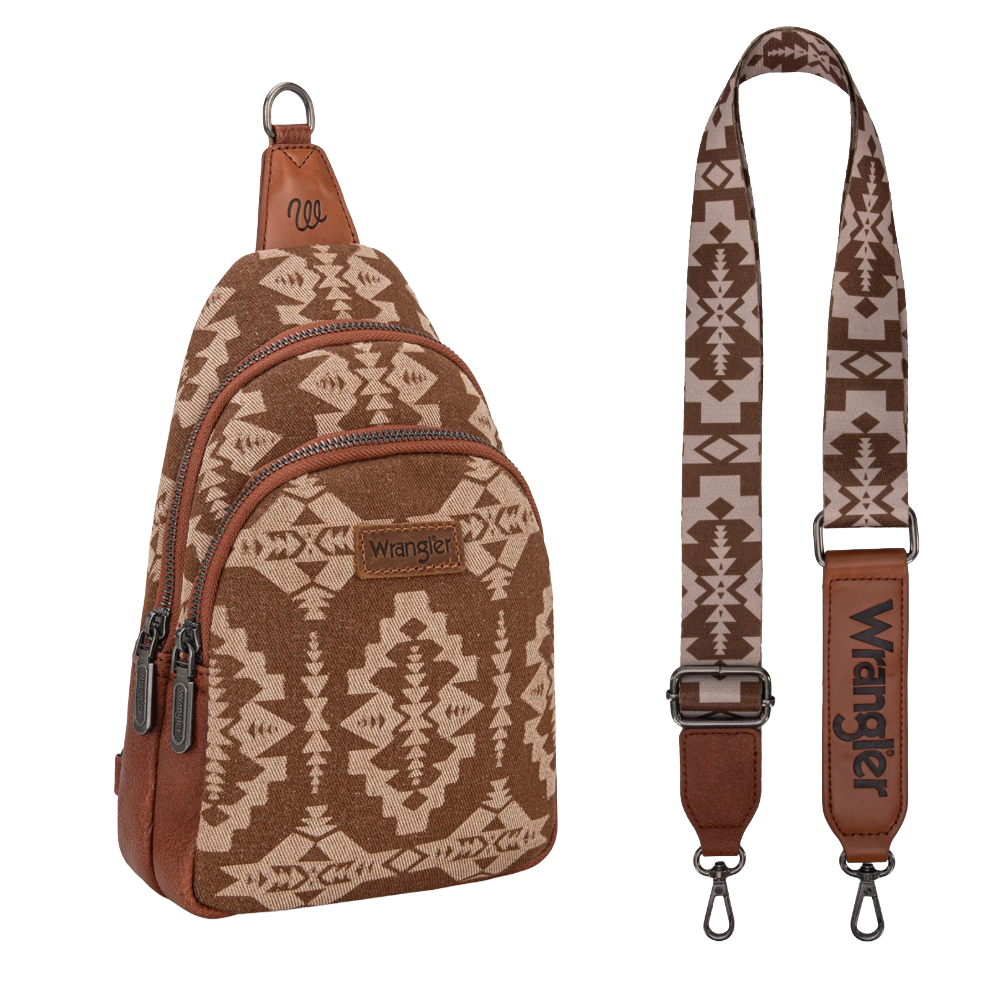 Wrangler Ladies Southwestern Print Small Canvas Brown Crossbody Bag WG2212-226BR