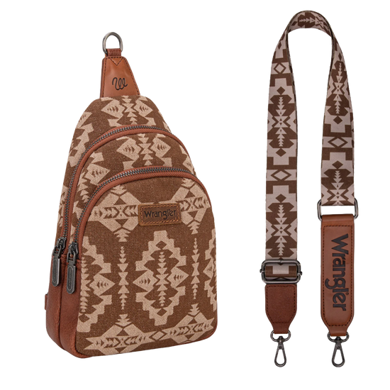Wrangler Ladies Southwestern Print Small Canvas Brown Crossbody Bag WG2212-226BR
