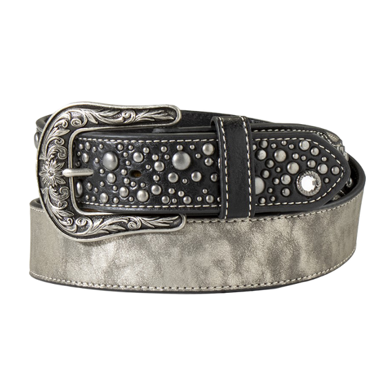 Angel Ranch Ladies Grey Shimmer & Black Leather Western Belt D140005706