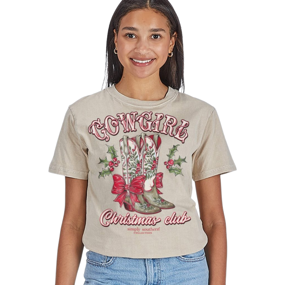 Simply Southern Ladies Mineral Washed Festive Cowgirl T-Shirt SS-HLDYBOOTS-WSHECRU