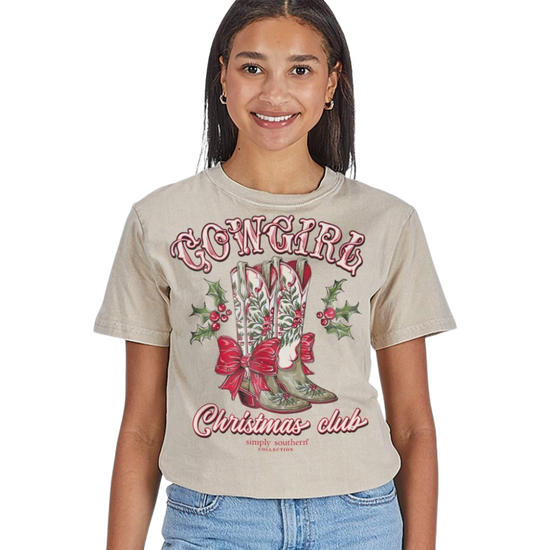 Simply Southern Ladies Mineral Washed Festive Cowgirl T-Shirt SS-HLDYBOOTS-WSHECRU