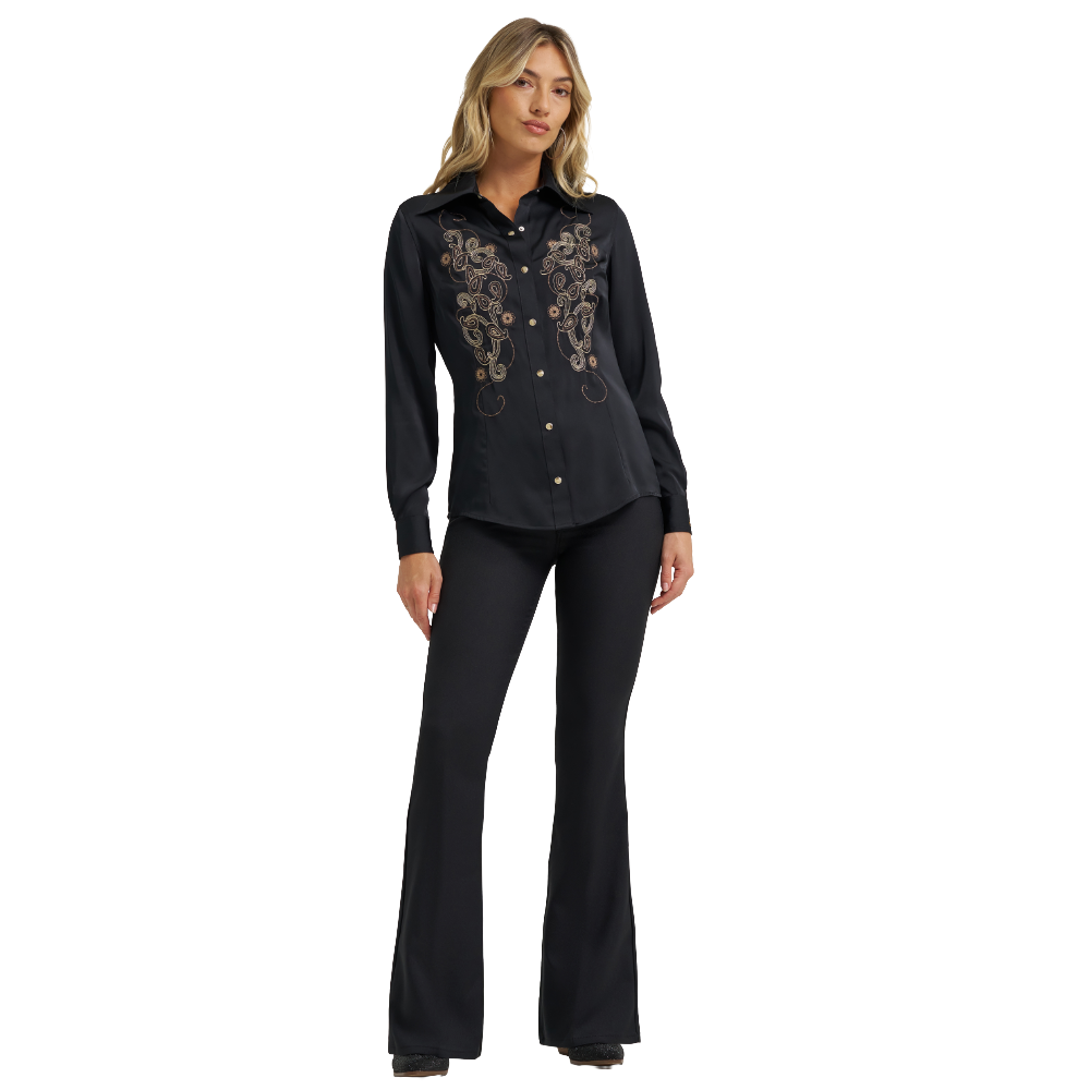 Wrangler X Lainey Wilson Ladies Embroidered Satin Black Shirt 112373689