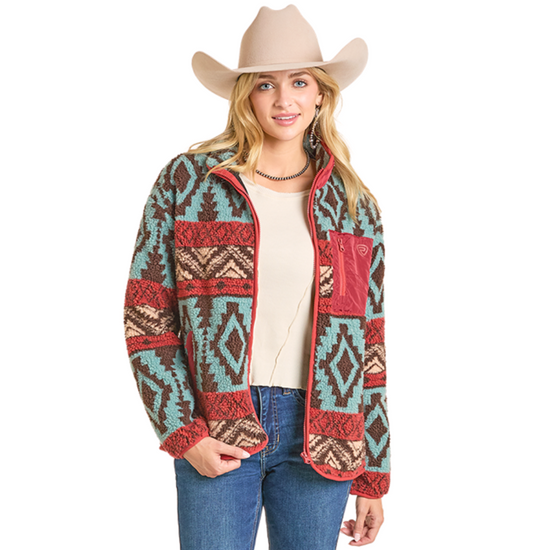 Rock & Roll Ladies Aztec Print Zip-Up Sherpa Jacket BW92C07008