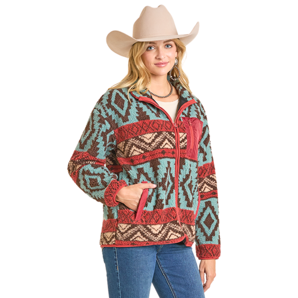 Rock & Roll Ladies Aztec Print Zip-Up Sherpa Jacket BW92C07008