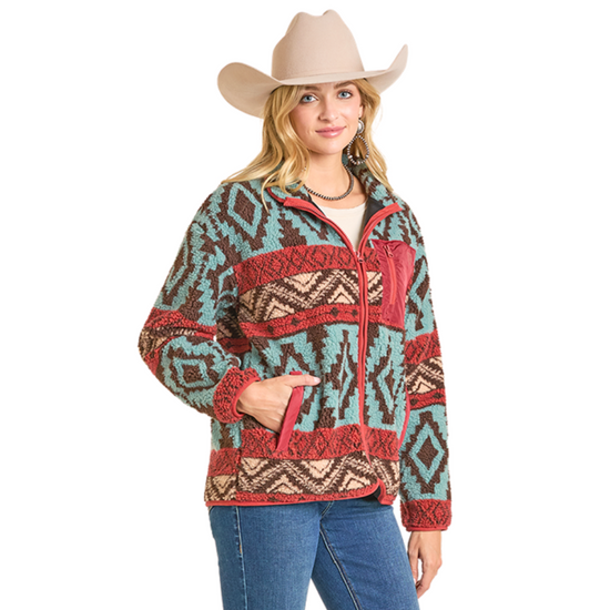Rock & Roll Ladies Aztec Print Zip-Up Sherpa Jacket BW92C07008