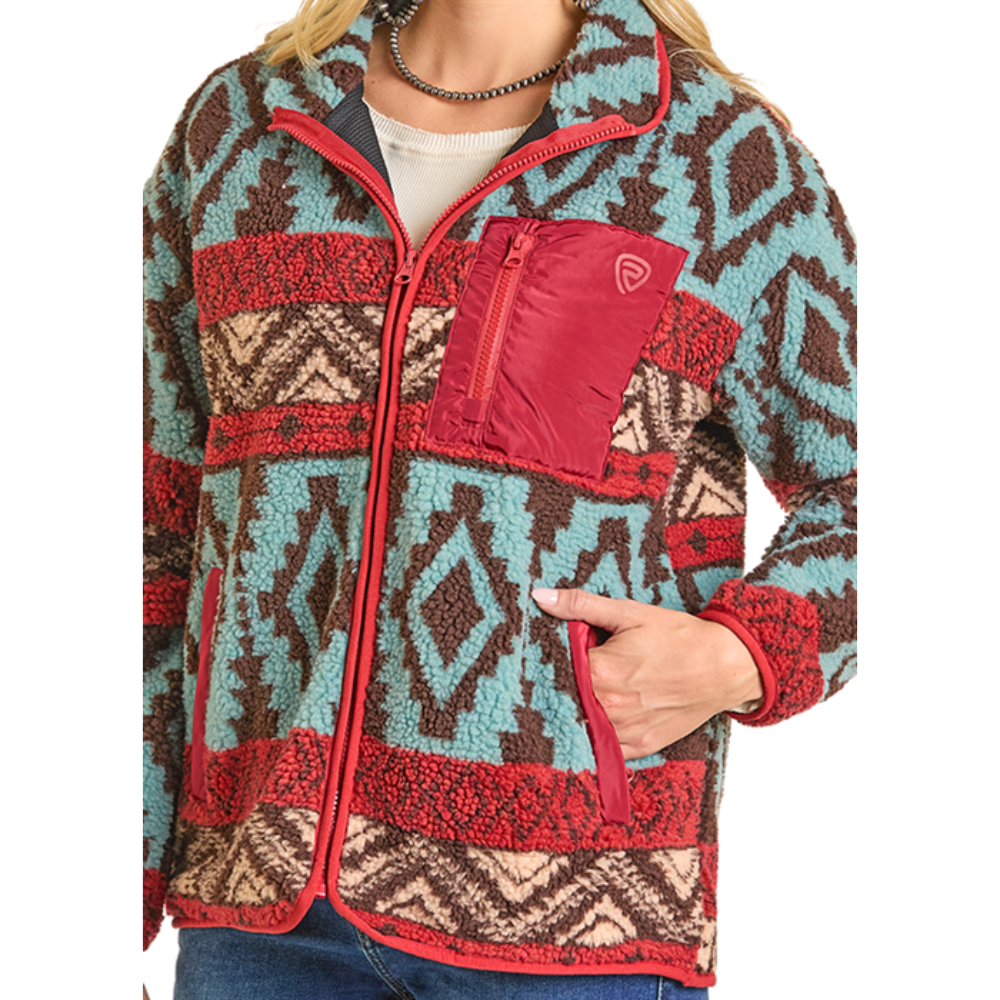 Rock & Roll Ladies Aztec Print Zip-Up Sherpa Jacket BW92C07008