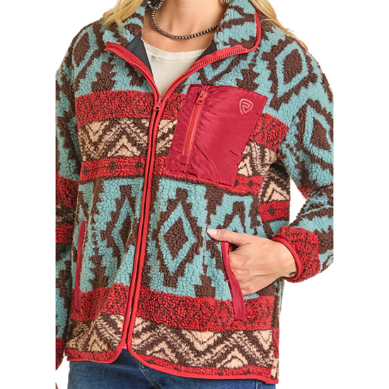 Rock & Roll Ladies Aztec Print Zip-Up Sherpa Jacket BW92C07008