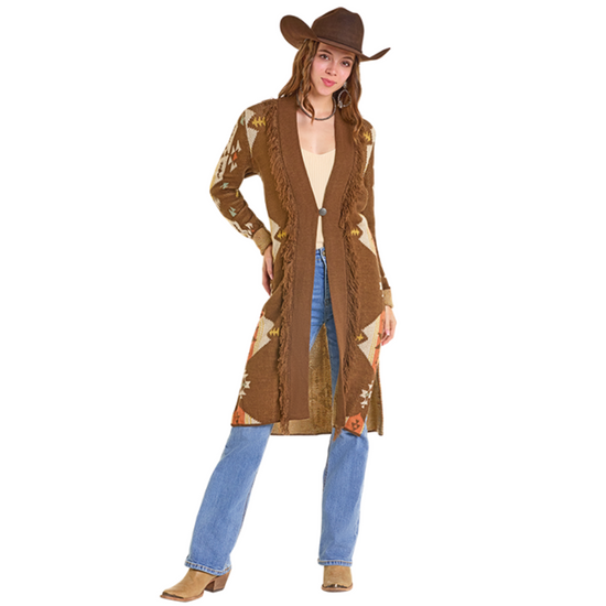 Rock & Roll Ladies Brown Aztec Knit Fringe Duster BW95T06975