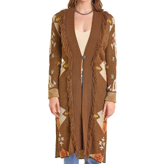 Rock & Roll Ladies Brown Aztec Knit Fringe Duster BW95T06975