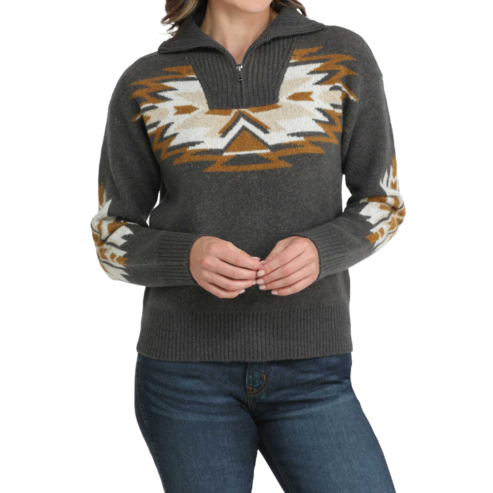 Cinch Ladies Charcoal Aztec 1/4 Zip Pullover Sweater MAK9916001