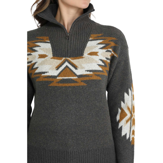 Cinch Ladies Charcoal Aztec 1/4 Zip Pullover Sweater MAK9916001