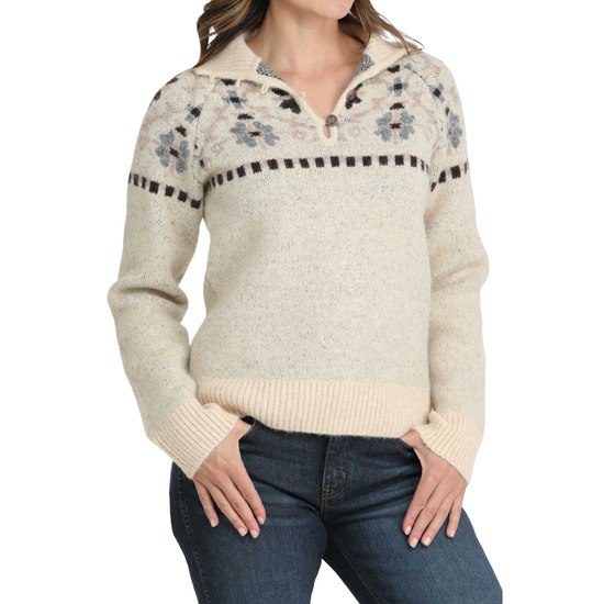 Cinch Ladies Cream Floral Print Pullover Sweater MAK9917001