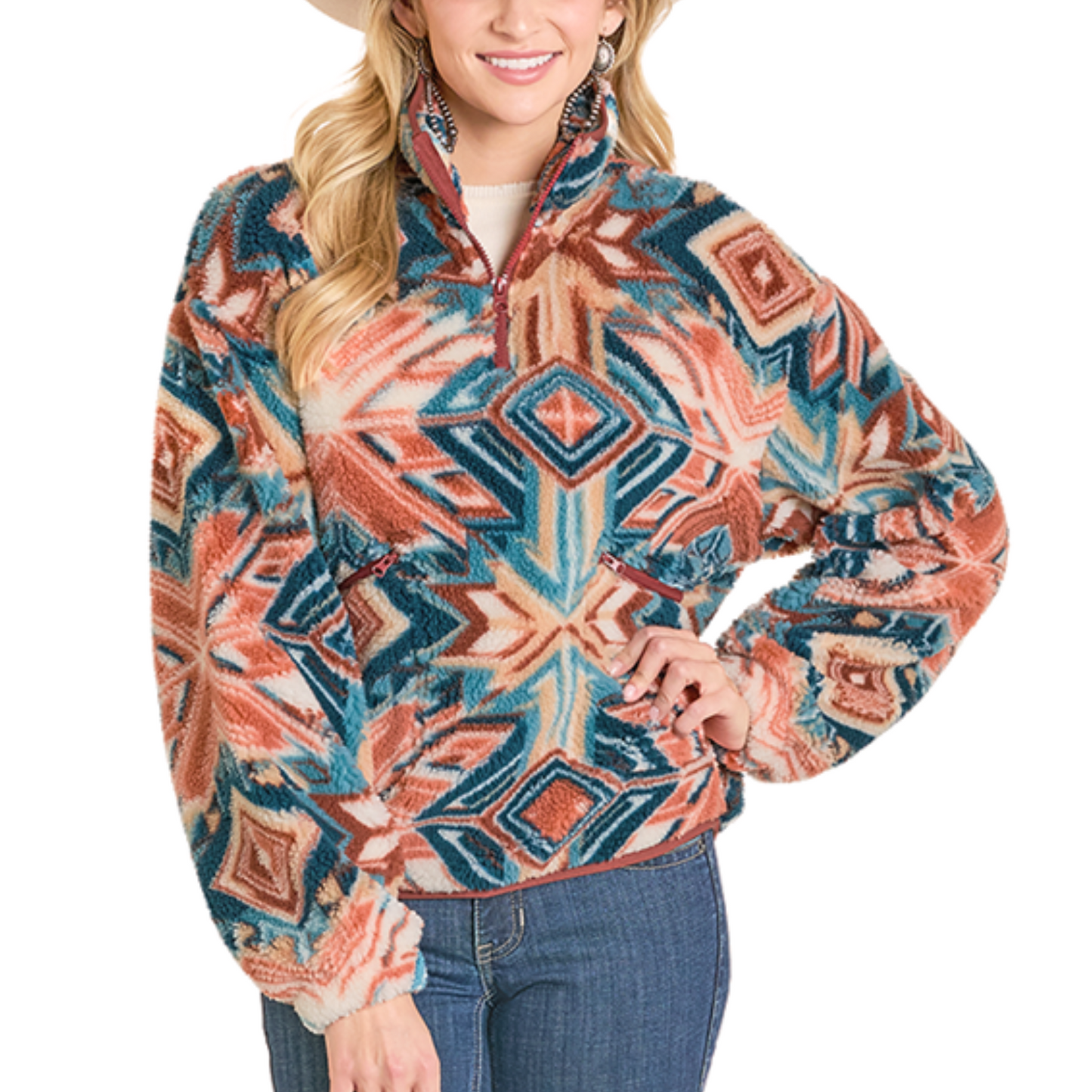 Rock & Roll Ladies Aztec Sherpa Rust Quarter Zip Pullover BW91C07752