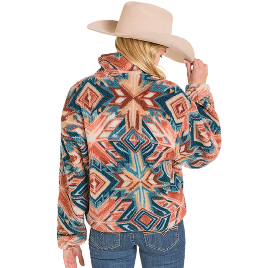 Rock & Roll Ladies Aztec Sherpa Rust Quarter Zip Pullover BW91C07752