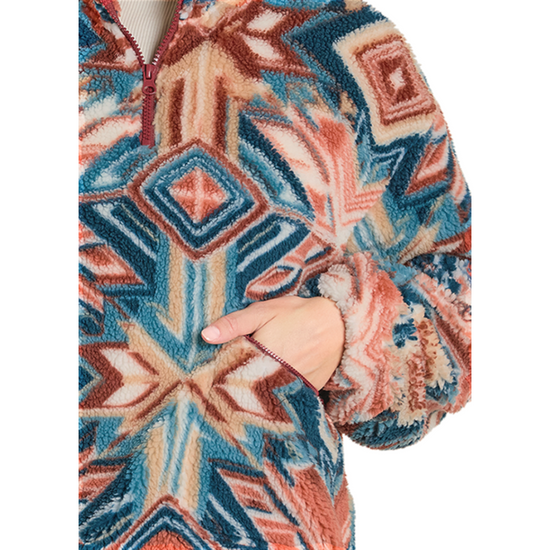 Rock & Roll Ladies Aztec Sherpa Rust Quarter Zip Pullover BW91C07752