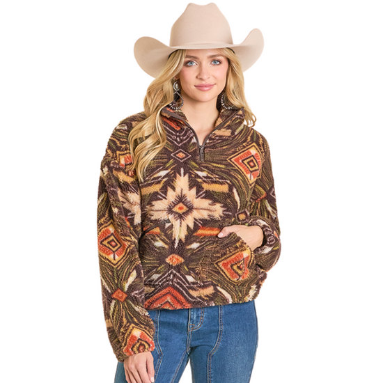 Rock & Roll Ladies Olive Aztec Print 1/4 Zip Pullover BW91C07815