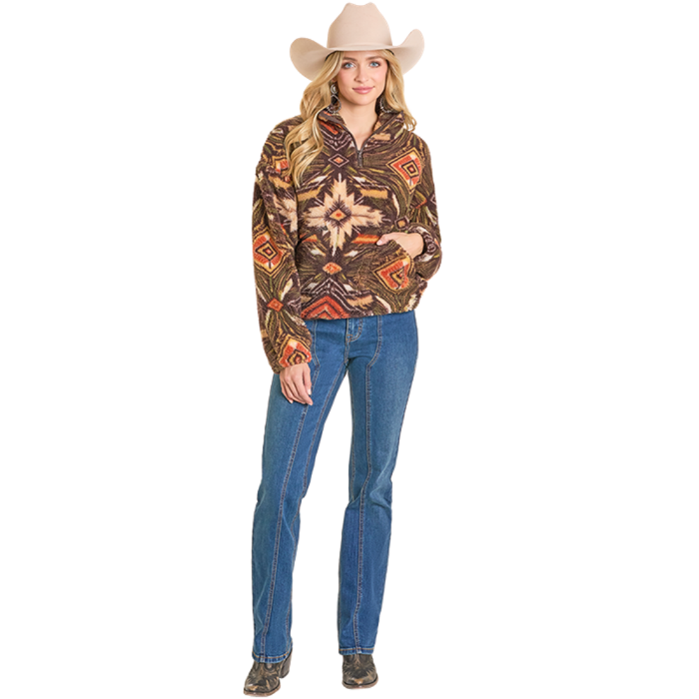 Rock & Roll Ladies Olive Aztec Print 1/4 Zip Pullover BW91C07815