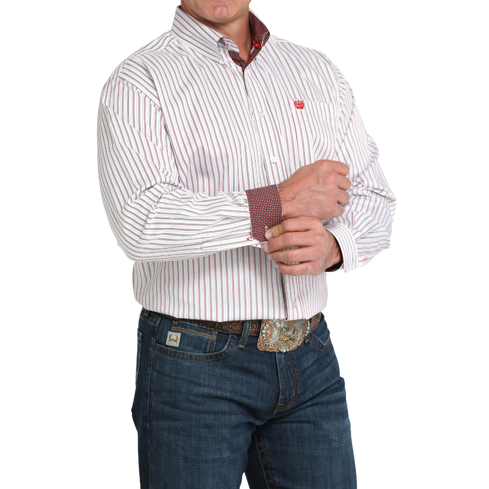 Cinch Men's White Stripe Print Button Down Shirt MTW1105995