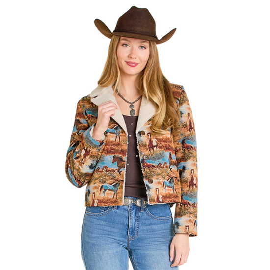 Rock & Roll Ladies Horse Jacquard With Sherpa Jacket BW92C07736