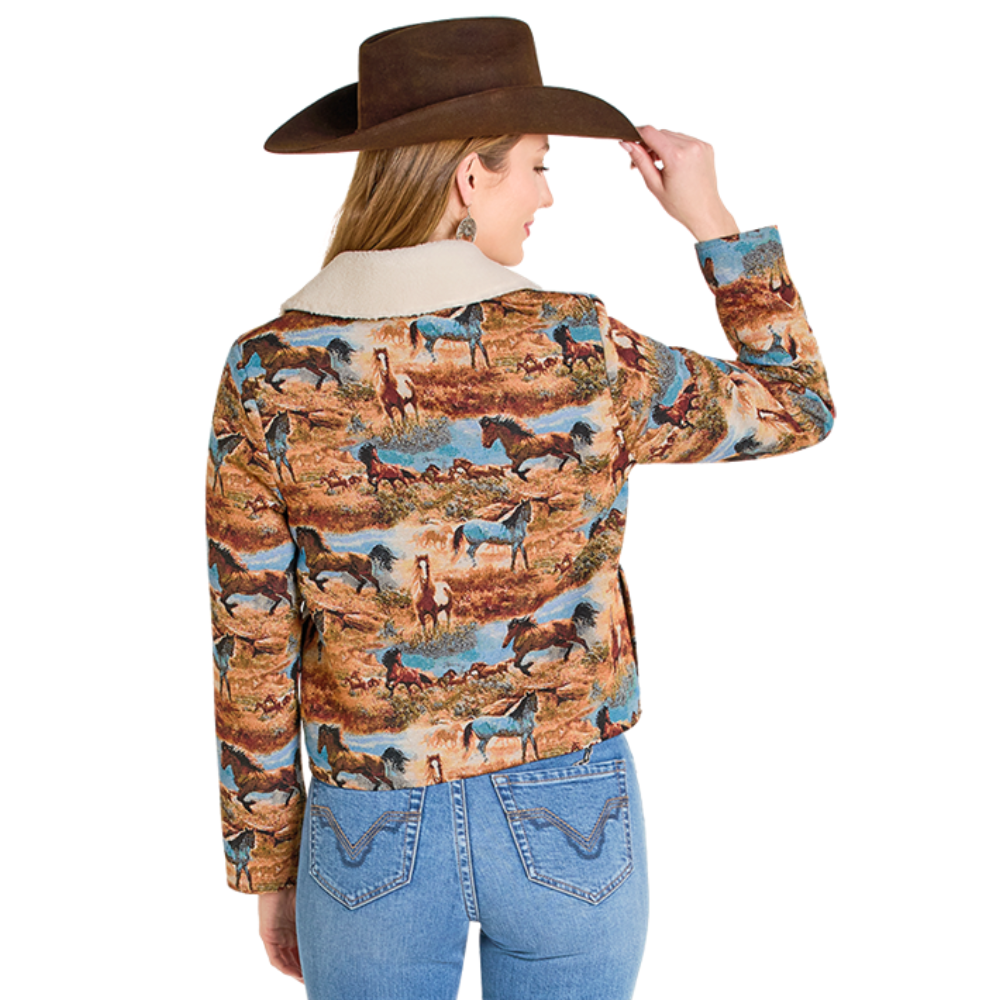 Rock & Roll Ladies Horse Jacquard With Sherpa Jacket BW92C07736