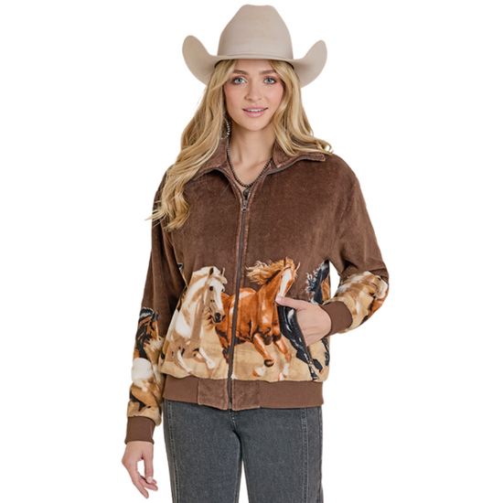Rock & Roll Ladies Horse Border Dark Brown Zip Jacket BW92C07817