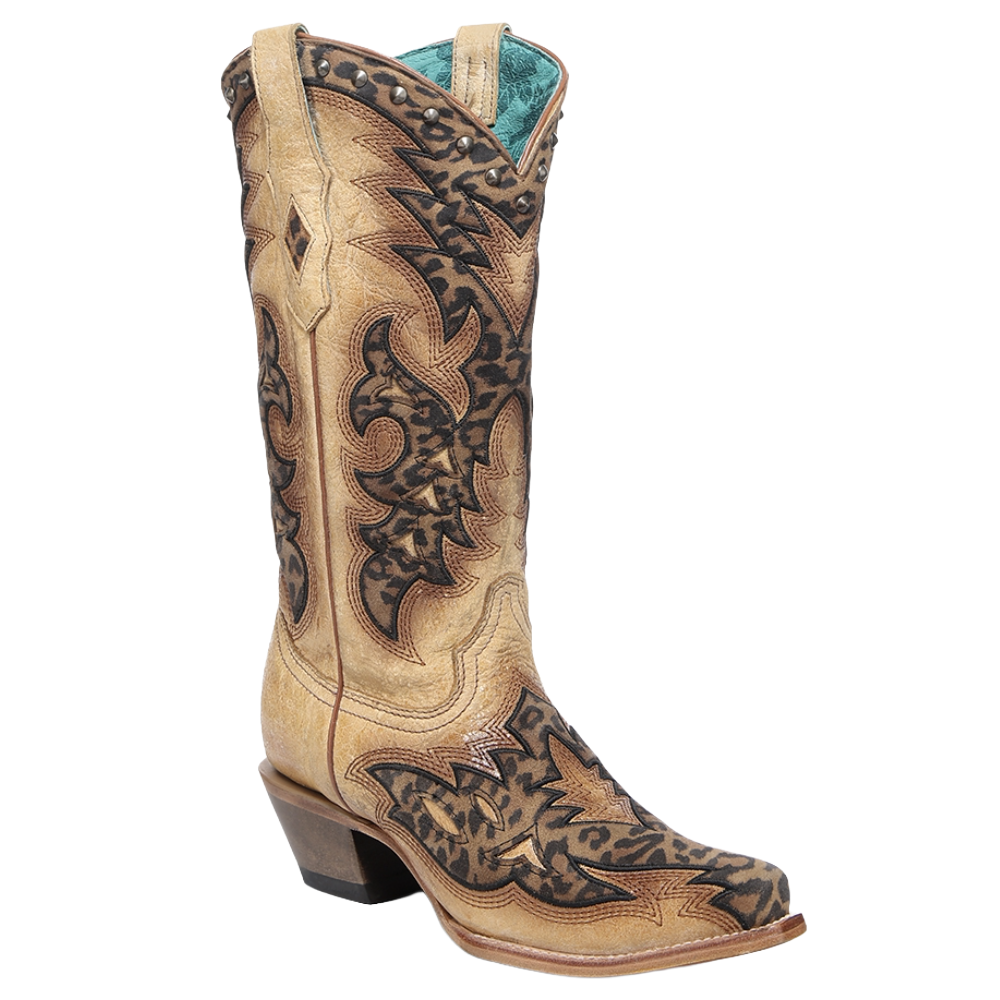 Corral Ladies Straw Brown & Leopard Studded Leather Western Boots Z5422