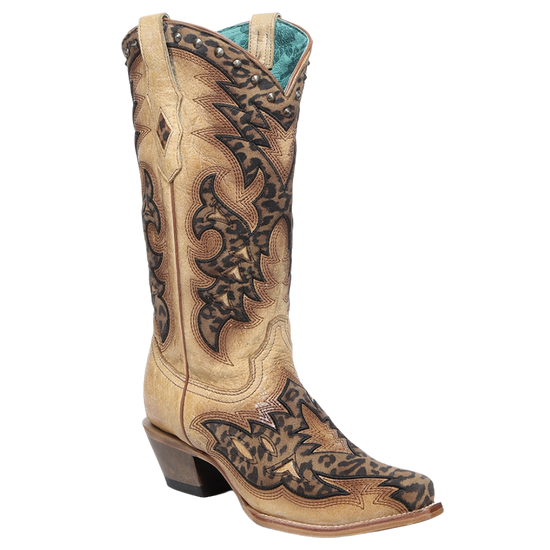 Corral Ladies Straw Brown & Leopard Studded Leather Western Boots Z5422