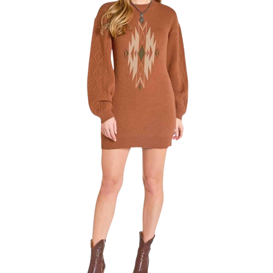 Rock & Roll Ladies Rust Aztec Sweater Dress With Cables BWD2R07829